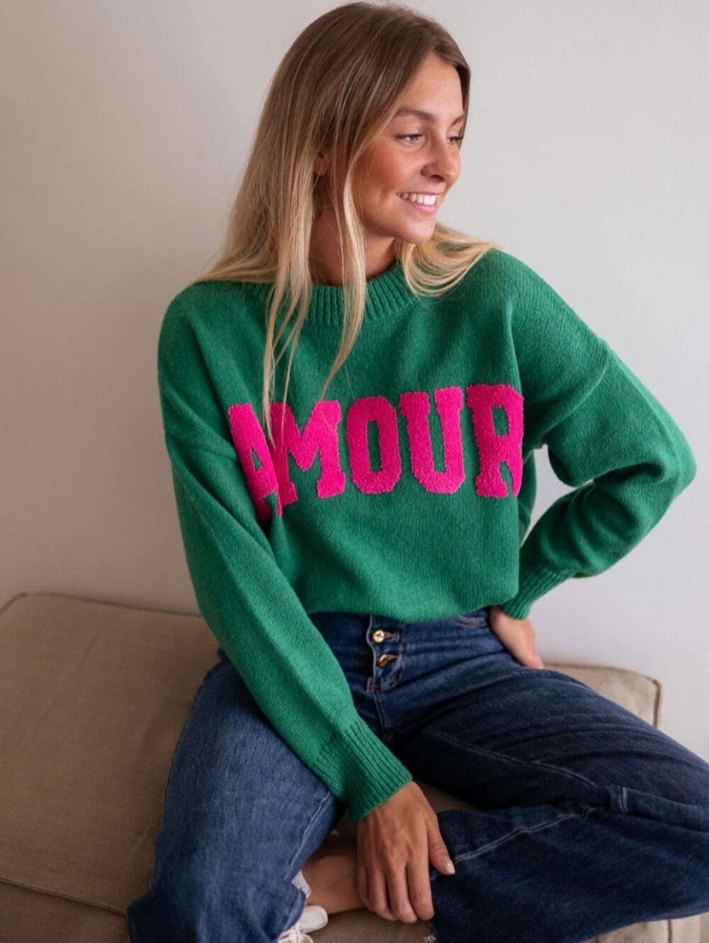 Green 'Amour' Crewneck Sweater with Pink Lettering